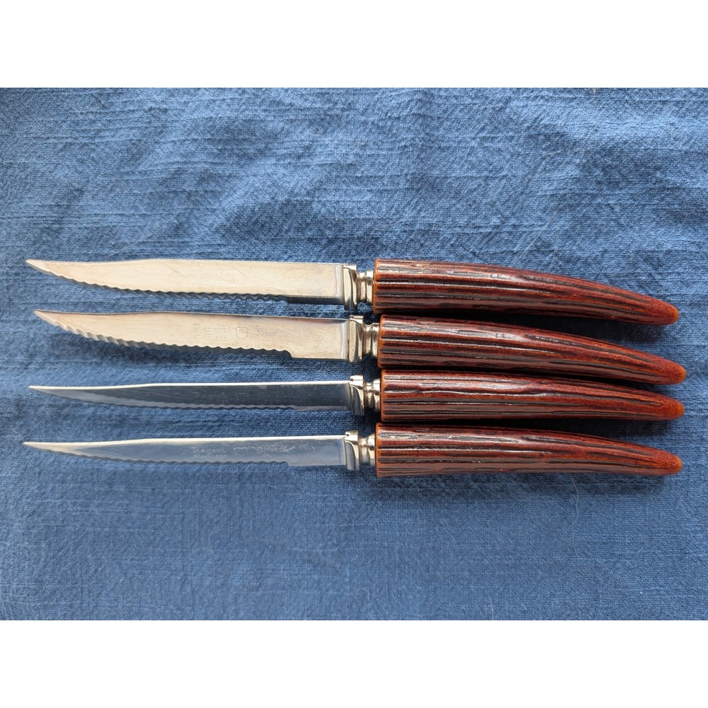 Regent Sheffield England Stainless Steak Knives Set of 4 Faux Stag Antler Handle